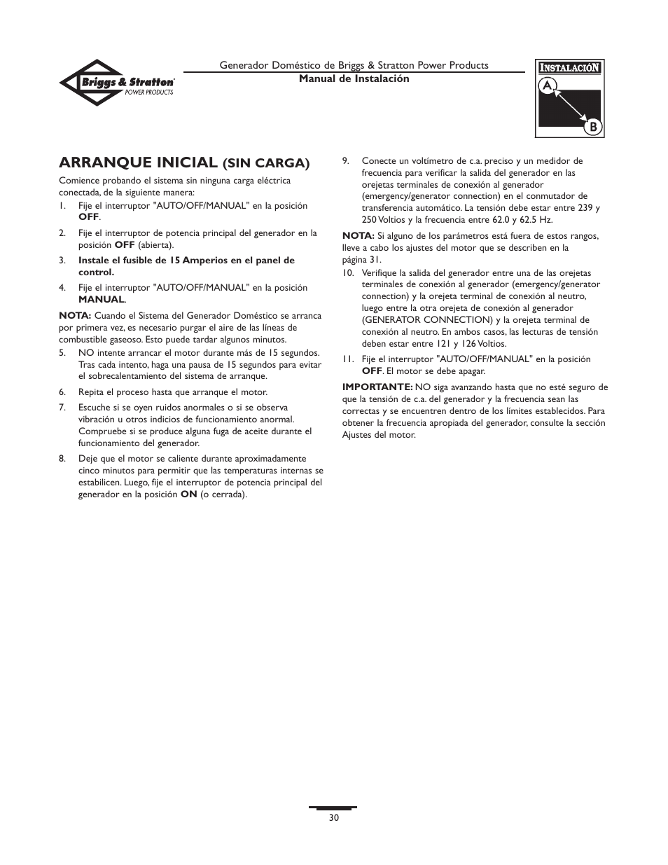 Arranque inicial, Sin carga) | Briggs & Stratton 01938-0 User Manual | Page 30 / 48