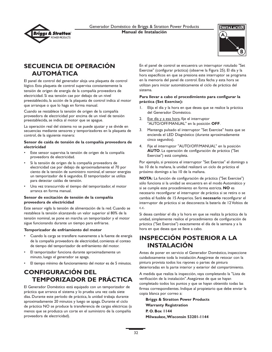 Secuencia de operación automática, Configuración del temporizador de práctica, Inspección posterior a la instalación | Briggs & Stratton 01938-0 User Manual | Page 32 / 48