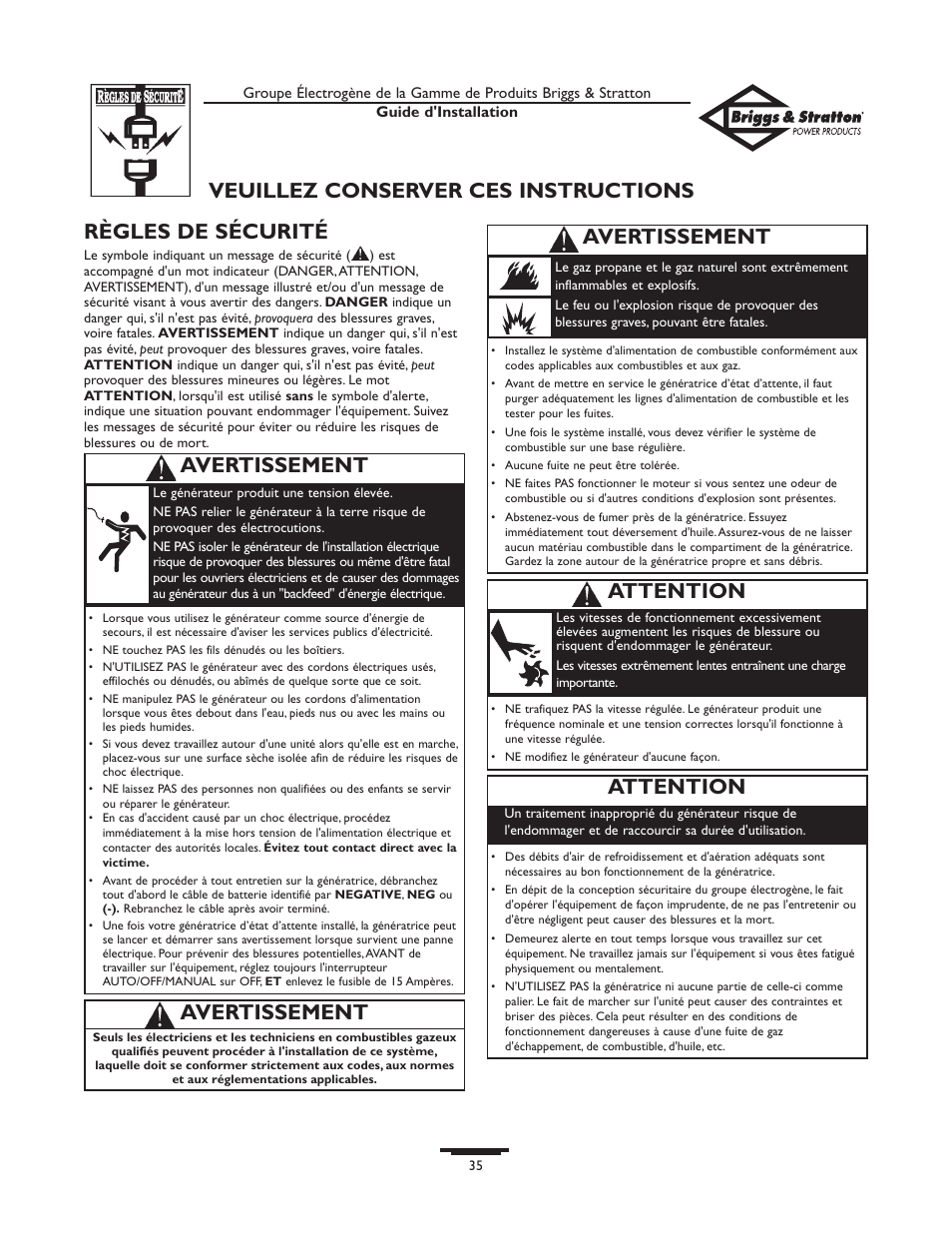 Règles de sécurité, Avertissement, Attention veuillez conserver ces instructions | Attention | Briggs & Stratton 01938-0 User Manual | Page 35 / 48
