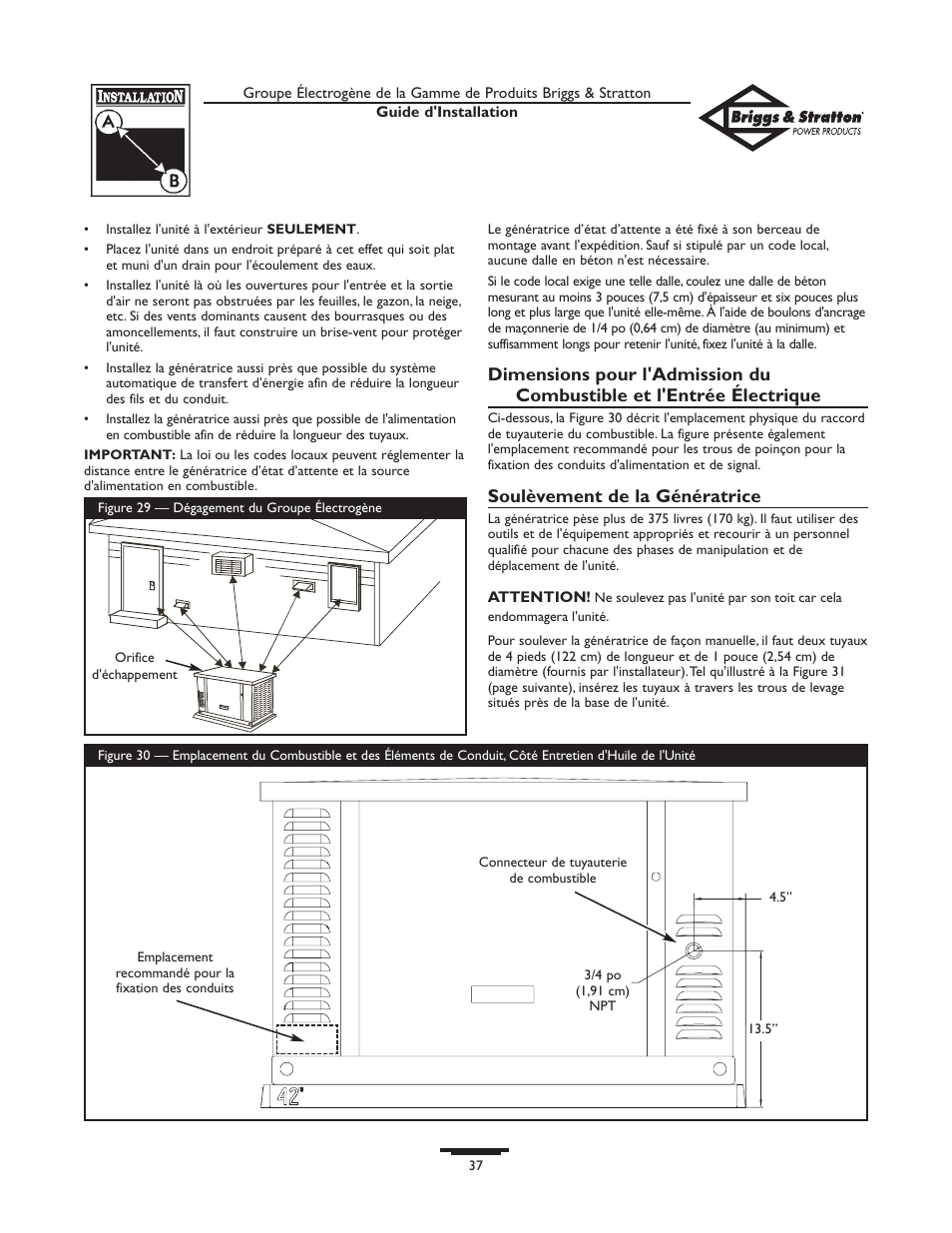 Soulèvement de la génératrice | Briggs & Stratton 01938-0 User Manual | Page 37 / 48