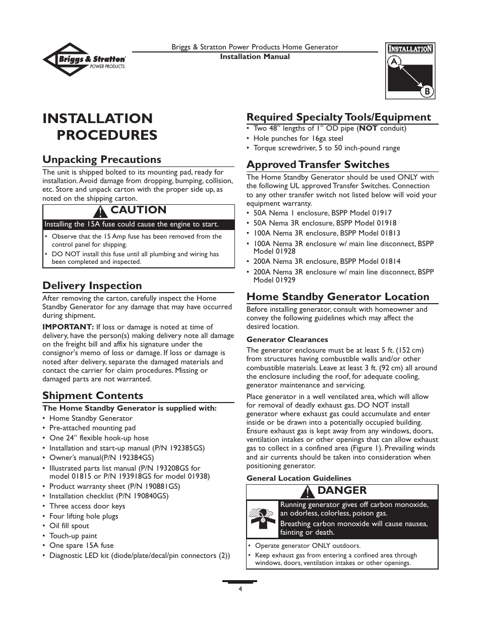 Installation procedures, Unpacking precautions, Delivery inspection | Shipment contents, Required specialty tools/equ, Location, Location -5, Required specialty tools/equipment, Approved transfer switches, Home standby generator location | Briggs & Stratton 01938-0 User Manual | Page 4 / 48