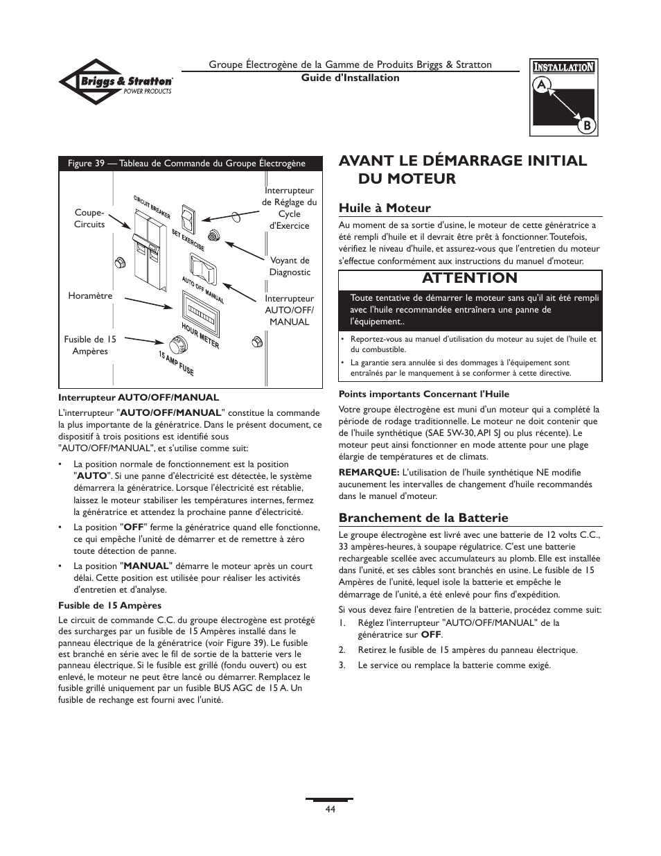 Avant le démarrage initial du moteur, Attention, Huile à moteur | Branchement de la batterie | Briggs & Stratton 01938-0 User Manual | Page 44 / 48