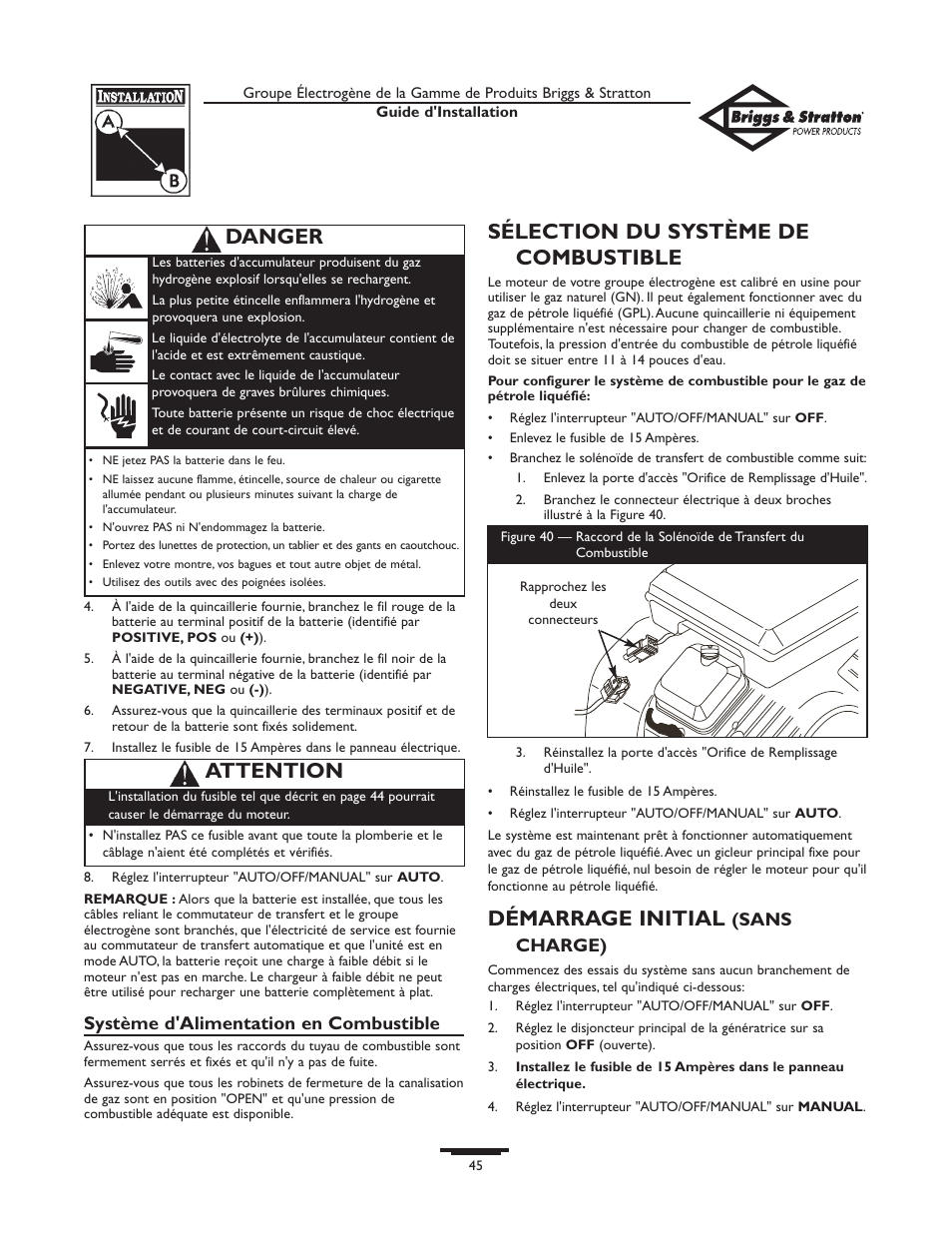 Sélection du système de combustible, Démarrage initial, Attention | Danger, Système d'alimentation en combustible, Sans charge) | Briggs & Stratton 01938-0 User Manual | Page 45 / 48