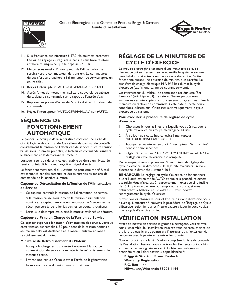 Séquence de fonctionnement automatique, Réglage de la minuterie de cycle d'exercice, Vérification installation | Briggs & Stratton 01938-0 User Manual | Page 47 / 48