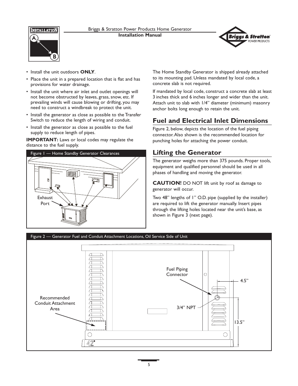 Fuel and electrical inlet di, Lifting the generator, Fuel and electrical inlet dimensions | Briggs & Stratton 01938-0 User Manual | Page 5 / 48