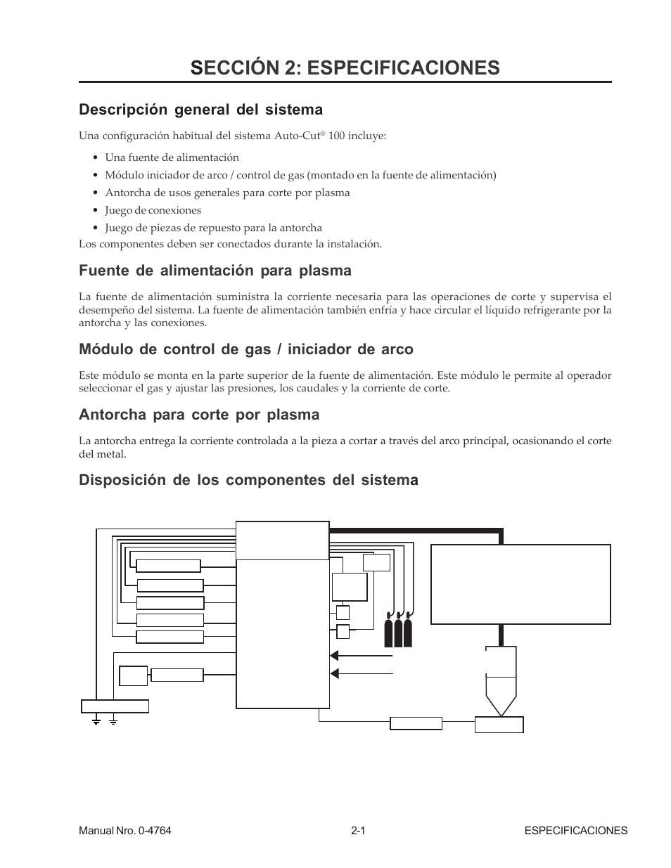 Sección 2: especificaciones, Descripción general del sistema, Fuente de alimentación para plasma | Módulo de control de gas / iniciador de arco, Antorcha para corte por plasma, Disposición de los componentes del sistem a | Tweco 100 Auto-Cut User Manual | Page 13 / 104