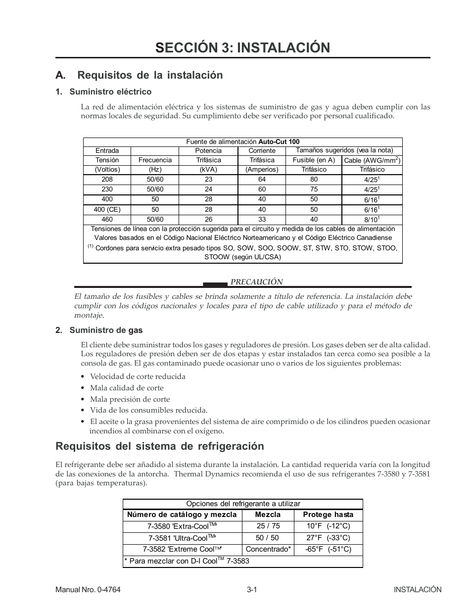 A. requisitos de la instalación, Sección 3: instalación, Requisitos del sistema de refrigeración | Tweco 100 Auto-Cut User Manual | Page 21 / 104