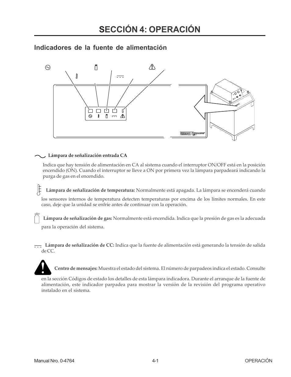 Sección 4: operación, Indicadores de la fuente de alimentación | Tweco 100 Auto-Cut User Manual | Page 47 / 104
