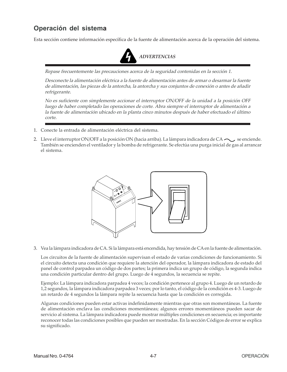 Operación del sistem a, Power | Tweco 100 Auto-Cut User Manual | Page 53 / 104