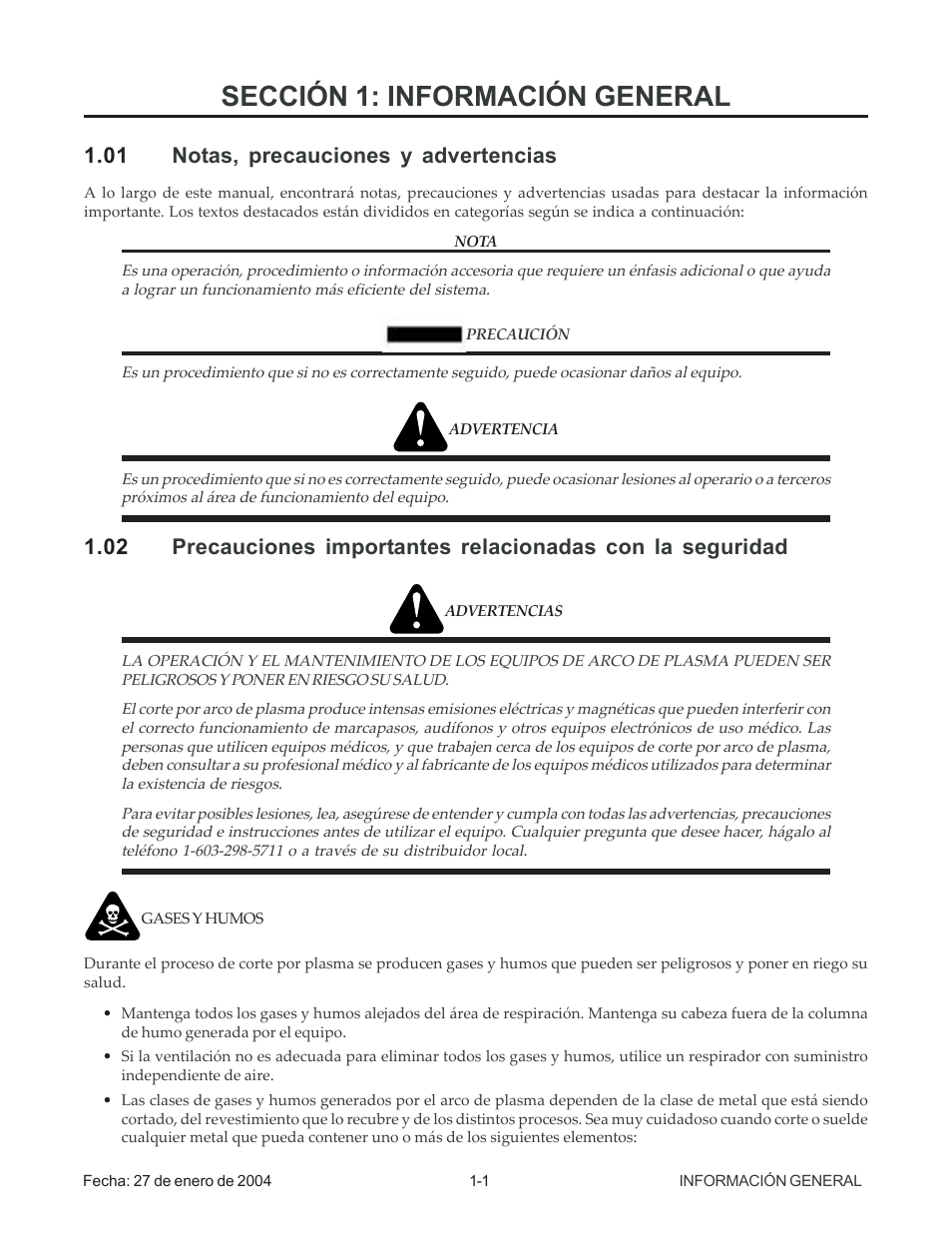 03 publicaciones, Sección 1: información general, 01 notas, precauciones y advertencias | Tweco 100 Auto-Cut User Manual | Page 7 / 104