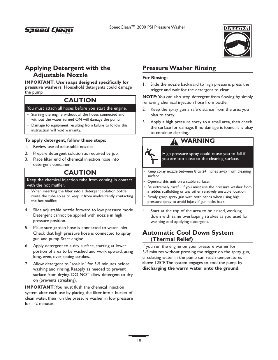 Applying detergent with the adjustable nozzle, Pressure washer rinsing, Automatic cool down system | Caution, Warning | Briggs & Stratton SPEED CLEAN 020211-0 User Manual | Page 10 / 36