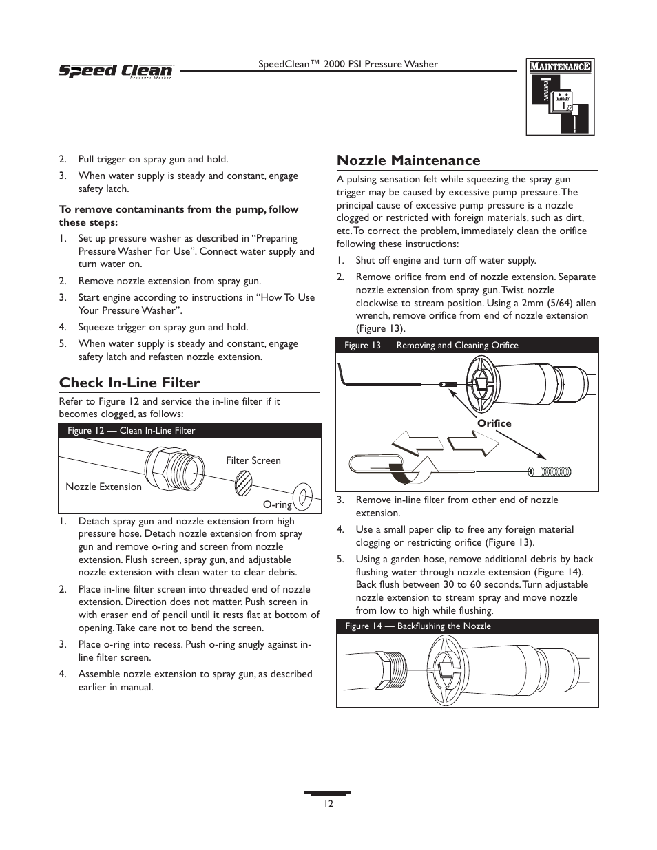 Check in-line filter, Nozzle maintenance | Briggs & Stratton SPEED CLEAN 020211-0 User Manual | Page 12 / 36