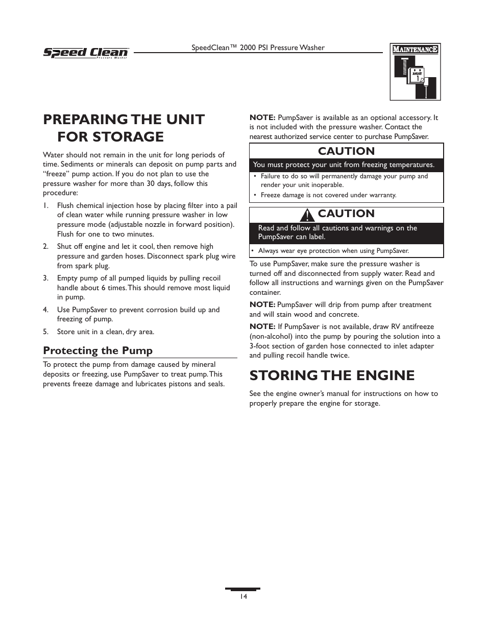 Preparing the unit for storage, Storing the engine, Protecting the pump | Caution | Briggs & Stratton SPEED CLEAN 020211-0 User Manual | Page 14 / 36