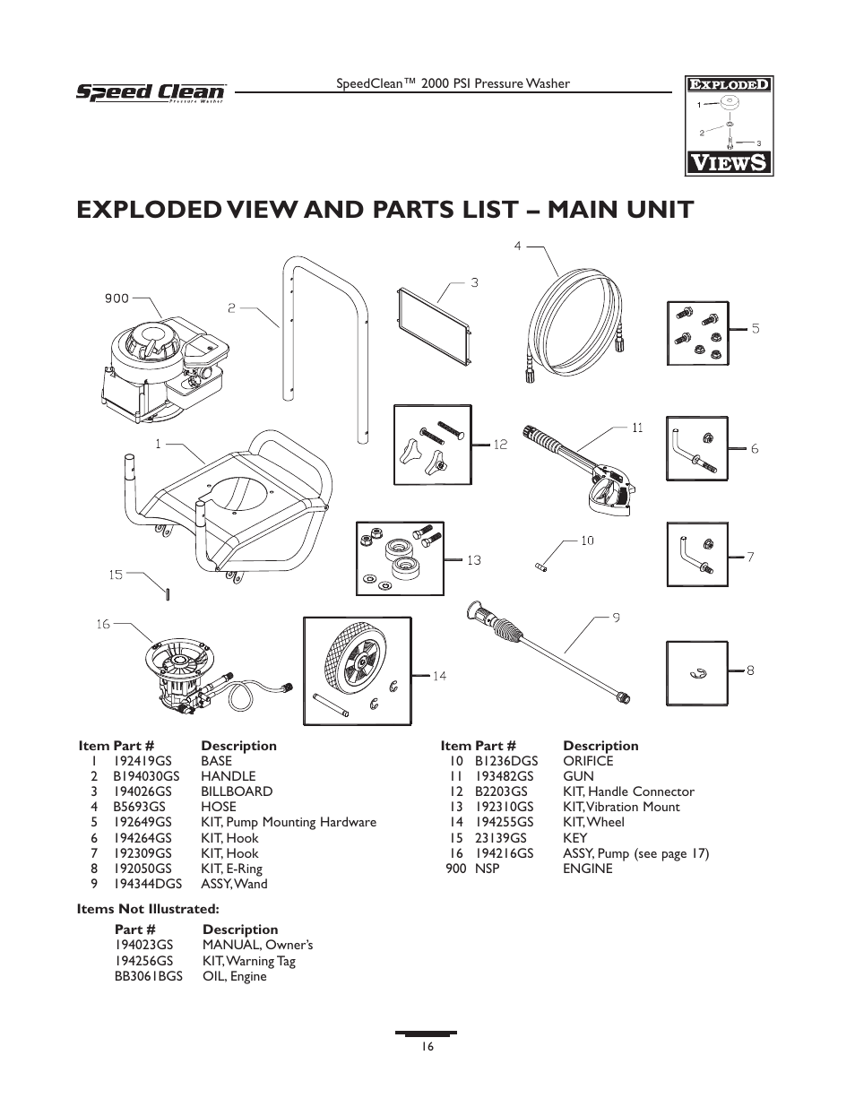 Exploded view and parts list – main unit | Briggs & Stratton SPEED CLEAN 020211-0 User Manual | Page 16 / 36