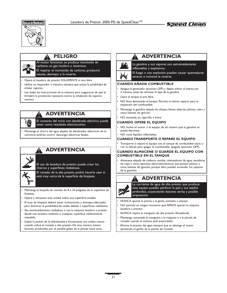 Advertencia, Peligro | Briggs & Stratton SPEED CLEAN 020211-0 User Manual | Page 21 / 36