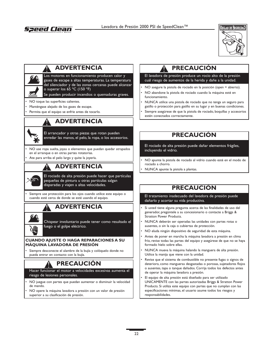 Precaución, Advertencia | Briggs & Stratton SPEED CLEAN 020211-0 User Manual | Page 22 / 36