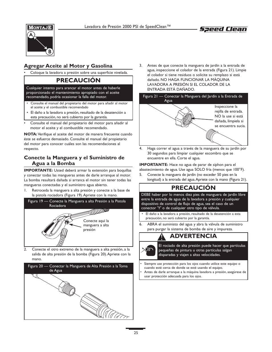 Precaución, Advertencia, Agregar aceite al motor y gasolina | Briggs & Stratton SPEED CLEAN 020211-0 User Manual | Page 25 / 36