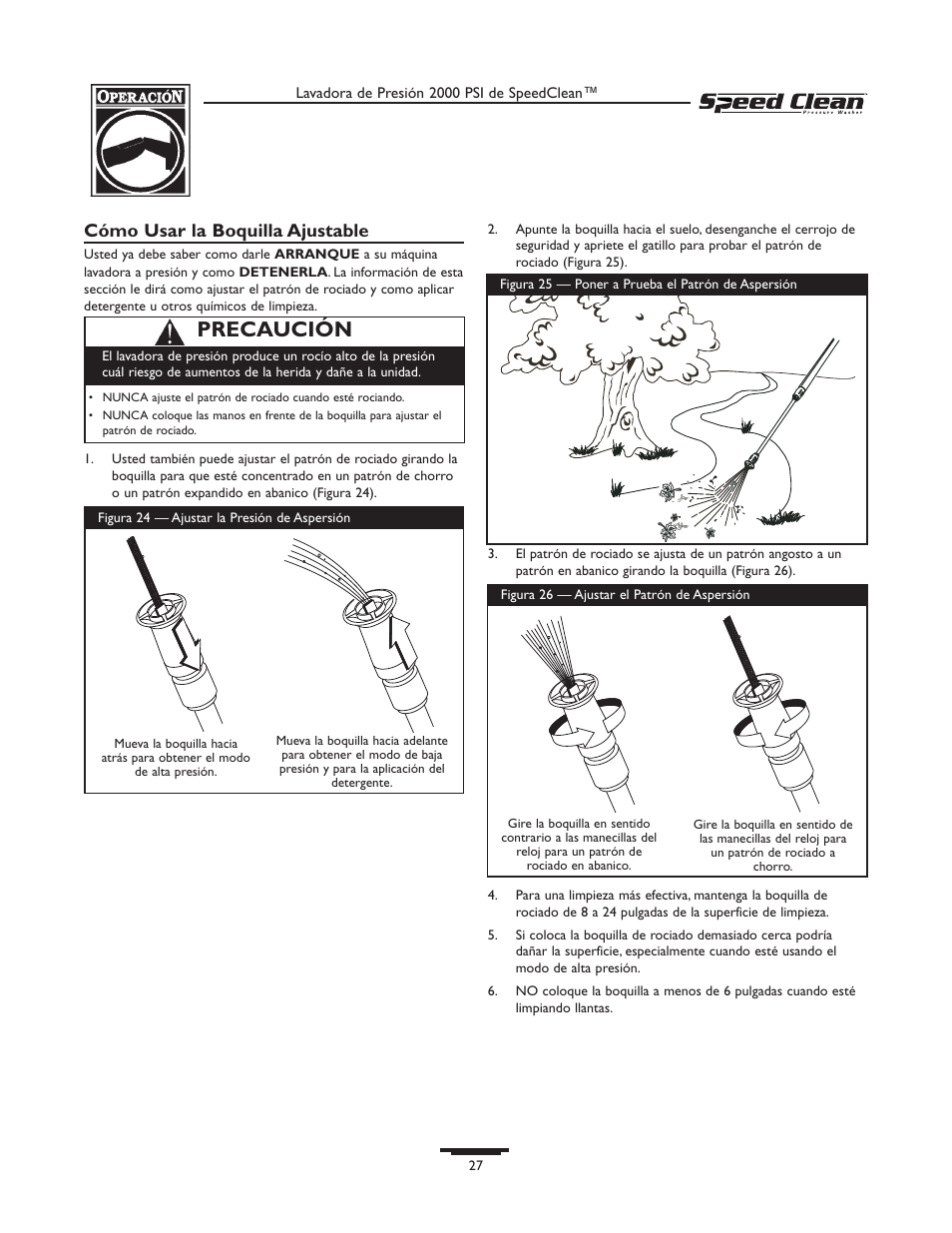 Precaución, Cómo usar la boquilla ajustable | Briggs & Stratton SPEED CLEAN 020211-0 User Manual | Page 27 / 36