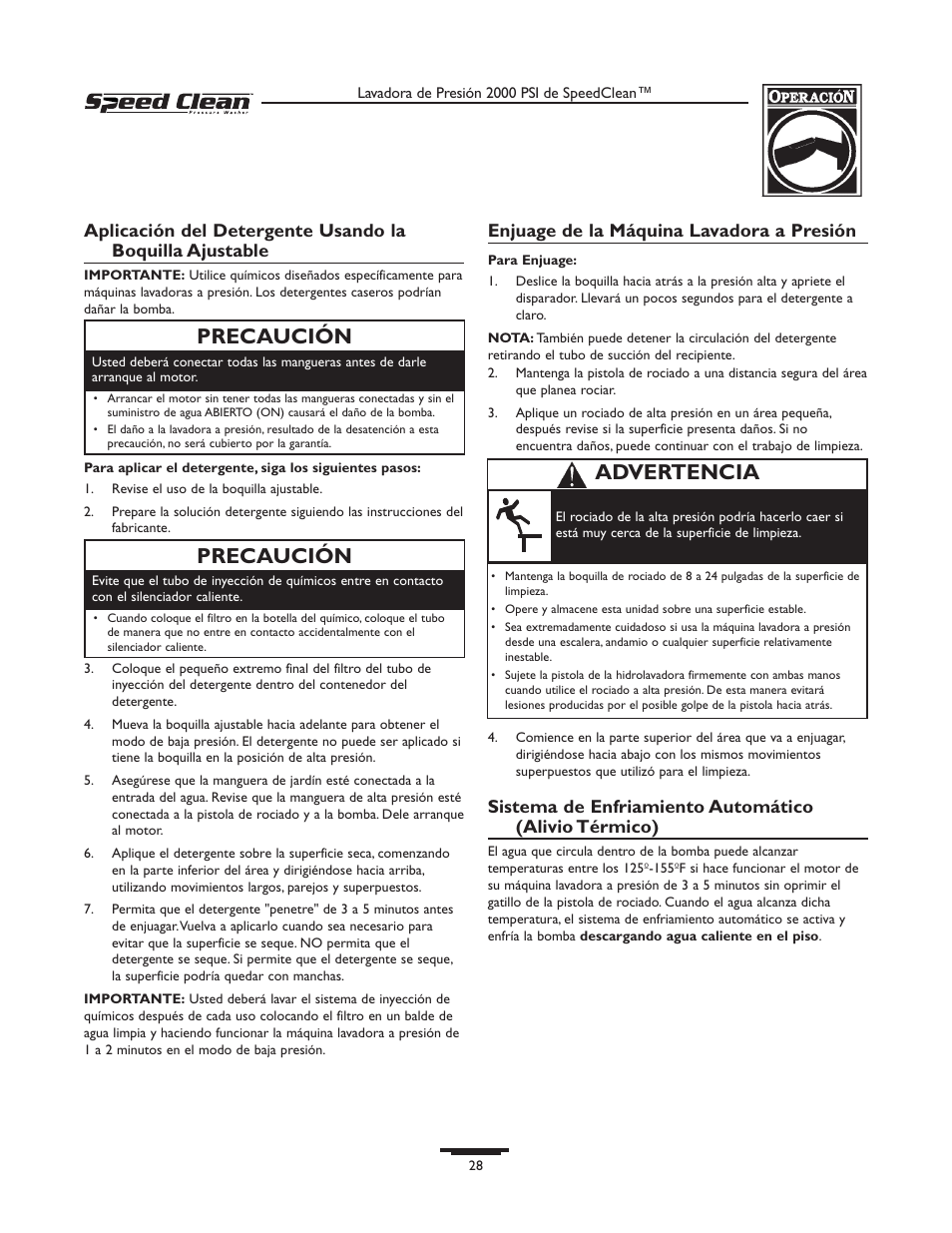 Precaución, Advertencia precaución, Enjuage de la máquina lavadora a presión | Briggs & Stratton SPEED CLEAN 020211-0 User Manual | Page 28 / 36