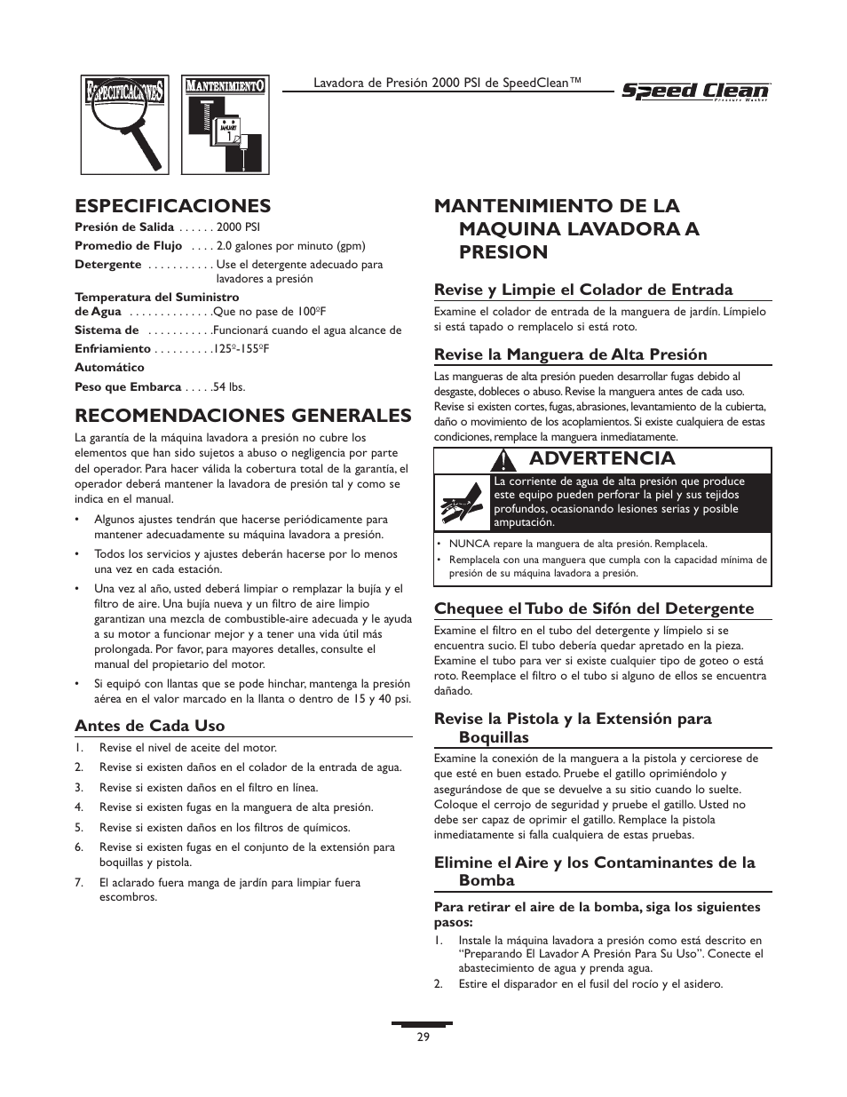 Especificaciones, Recomendaciones generales, Mantenimiento de la maquina lavadora a presion | Advertencia | Briggs & Stratton SPEED CLEAN 020211-0 User Manual | Page 29 / 36