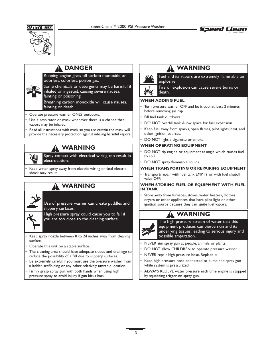 Warning, Danger | Briggs & Stratton SPEED CLEAN 020211-0 User Manual | Page 3 / 36