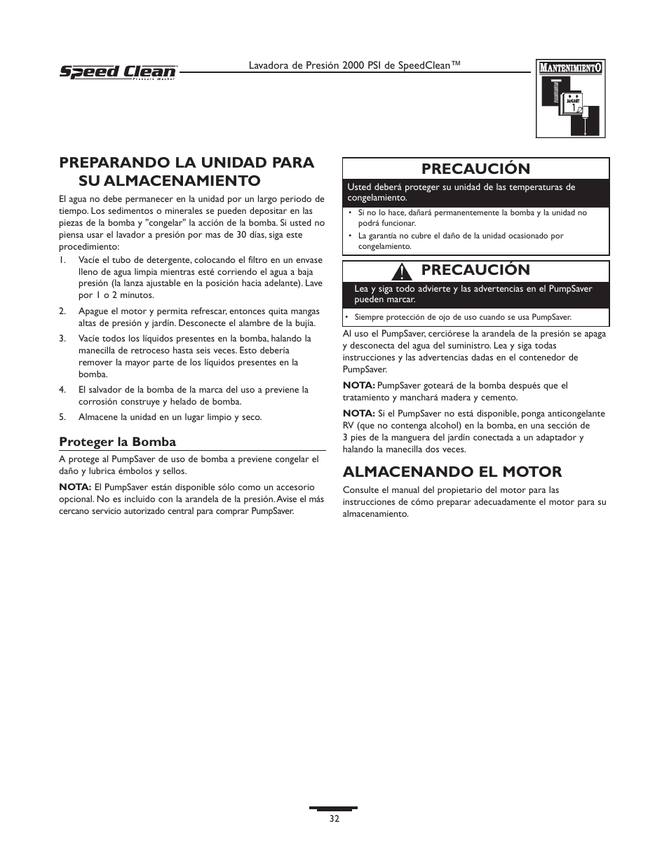 Preparando la unidad para su almacenamiento, Almacenando el motor, Precaución | Briggs & Stratton SPEED CLEAN 020211-0 User Manual | Page 32 / 36