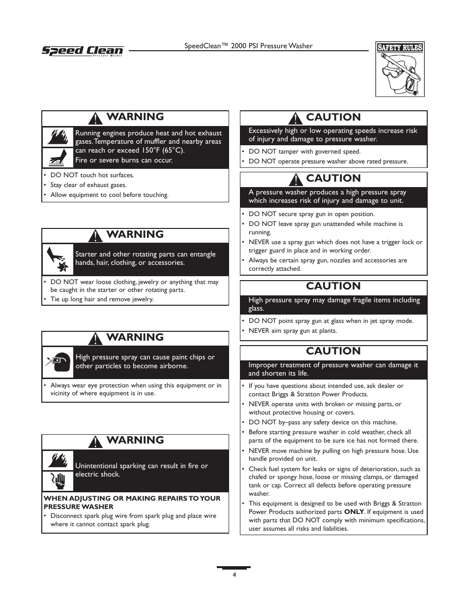 Caution, Warning | Briggs & Stratton SPEED CLEAN 020211-0 User Manual | Page 4 / 36