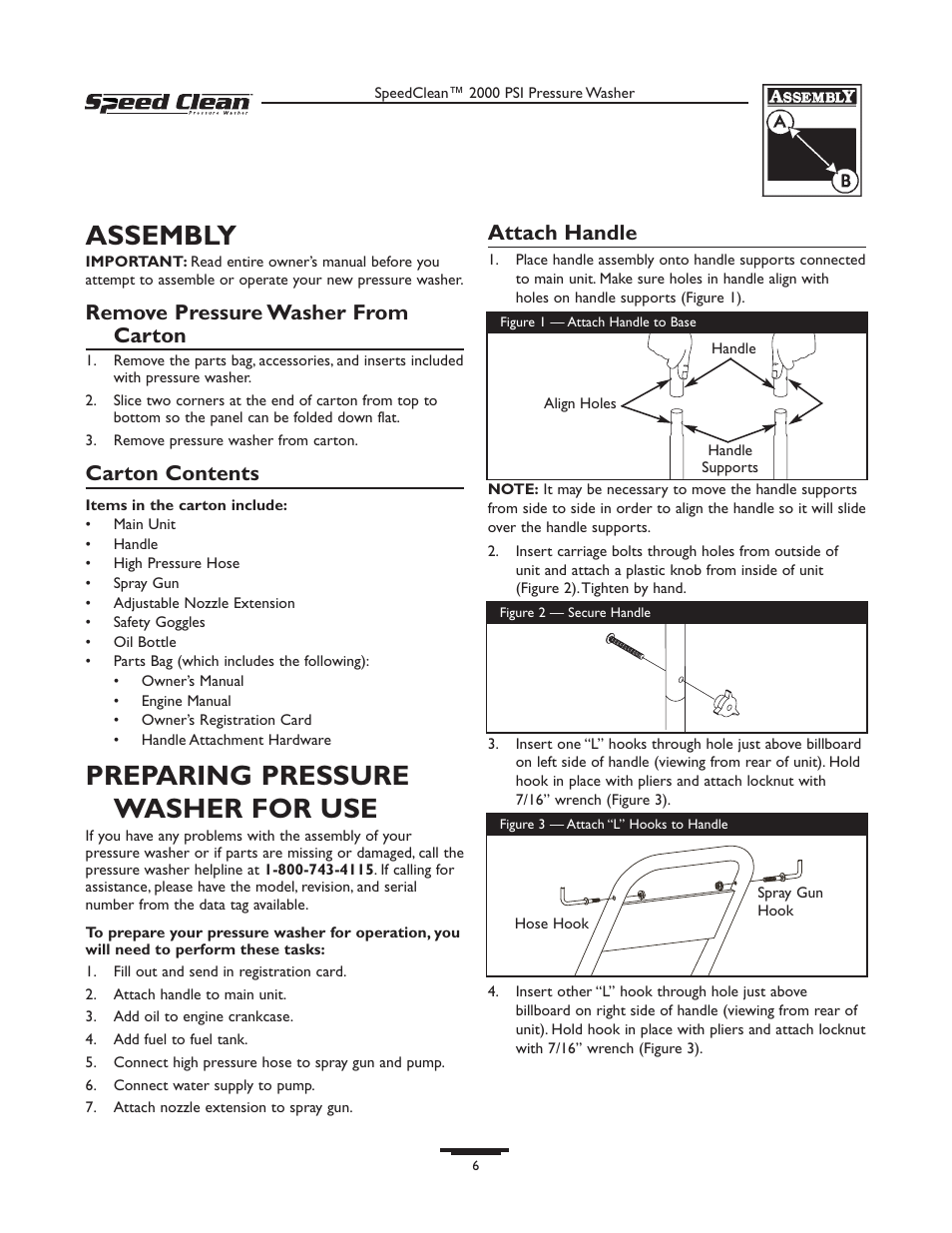 Assembly, Preparing pressure washer for use, Remove pressure washer from carton | Carton contents, Attach handle | Briggs & Stratton SPEED CLEAN 020211-0 User Manual | Page 6 / 36