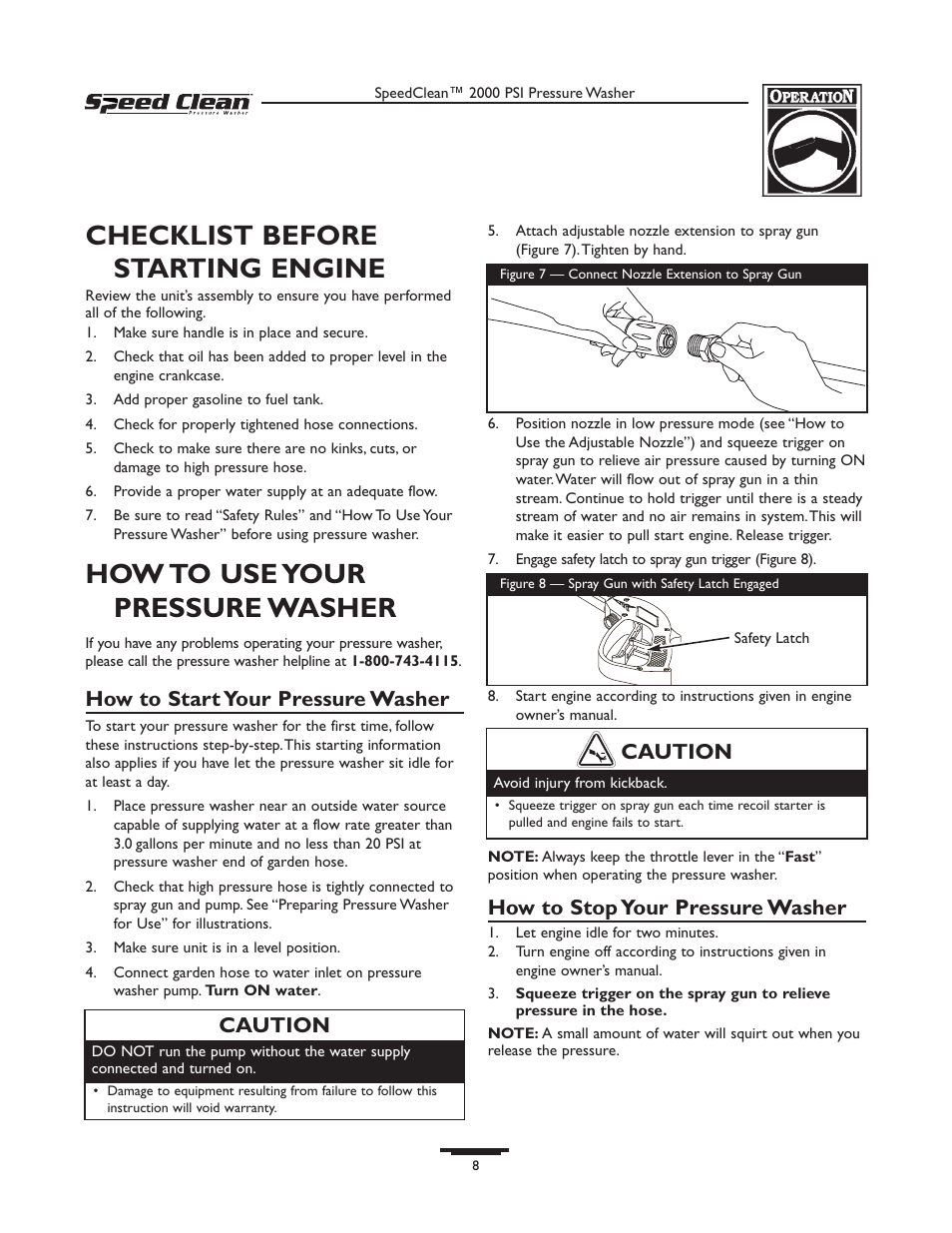 Checklist before starting engine, How to use your pressure washer, How to start your pressure washer | How to stop your pressure washer, Caution | Briggs & Stratton SPEED CLEAN 020211-0 User Manual | Page 8 / 36