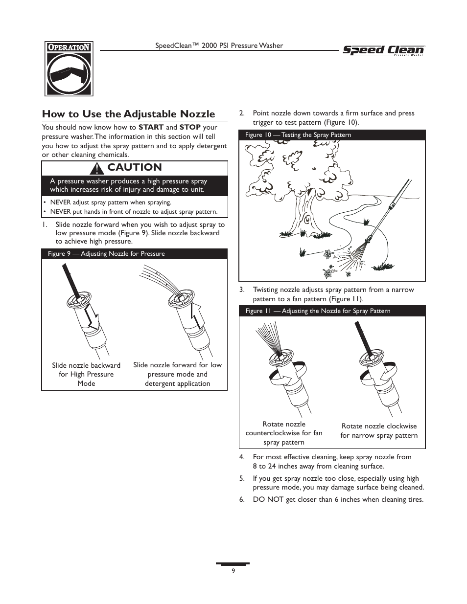 How to use the adjustable nozzle, Caution | Briggs & Stratton SPEED CLEAN 020211-0 User Manual | Page 9 / 36