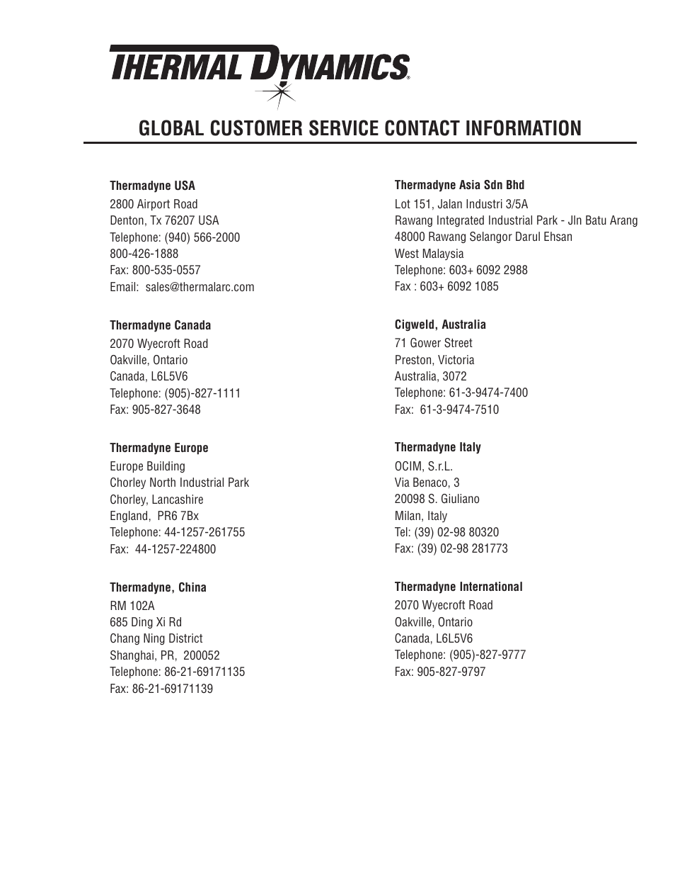 Global customer service contact information | Tweco C-70A CUTSKILL User Manual | Page 35 / 36