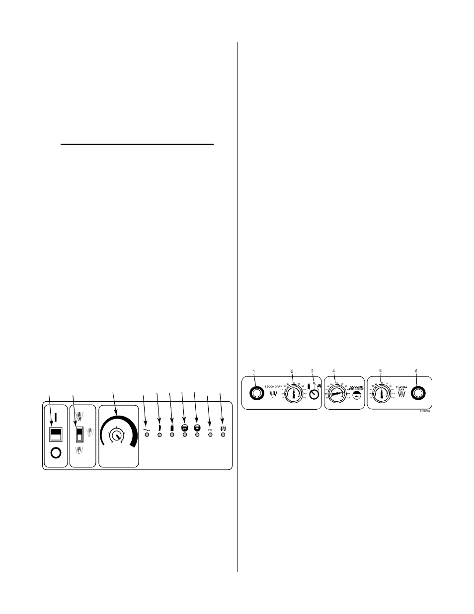 B. control front panel, C. gauge front panel, Figure 4-3 front control panel | Figure 4-4 upper gauge panel | Tweco 6000 CE Merlin User Manual | Page 38 / 78