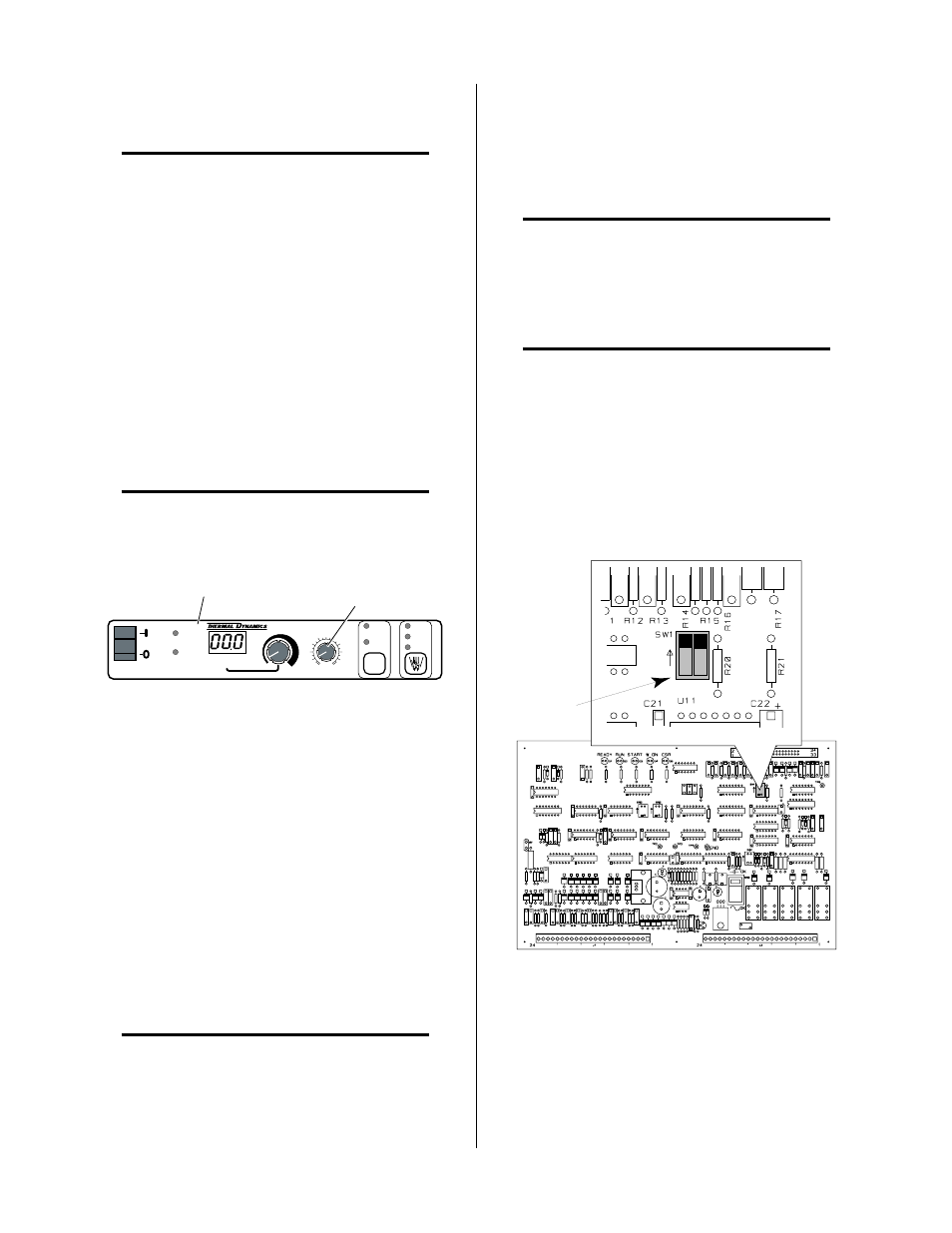 07 optional power supply settings, B. using corner slowdown for mechanized cutting, C. setting csd output | D. fold back feature, A. auto-restart function (sw1), Figure 4-7 corner slowdown (csd) adjustment, Figure 4-8 auto-restart enable switch sw1 location | Tweco 6000 CE Merlin User Manual | Page 44 / 78