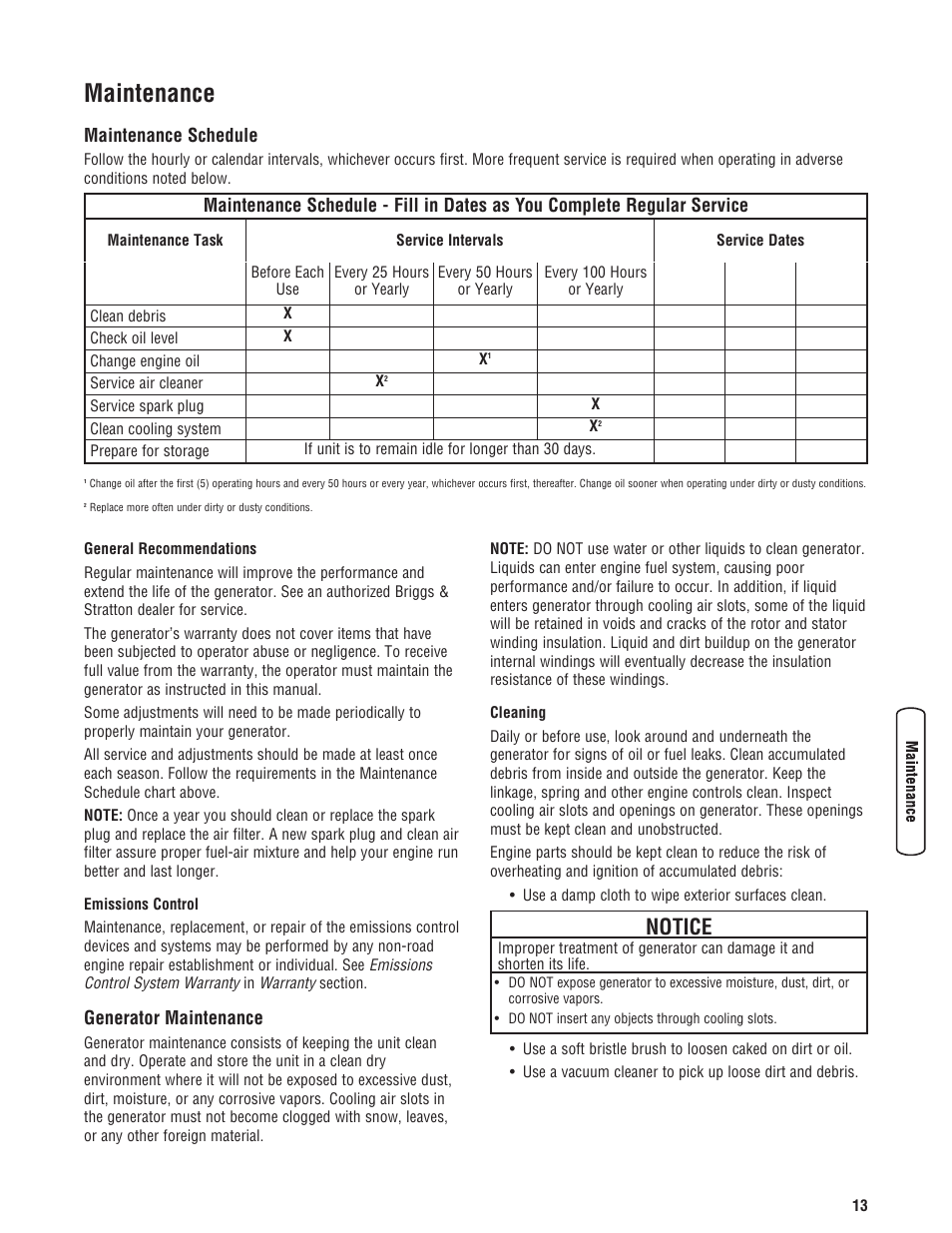 Don’t overload generato, Don’t overload generator, Maintenance | Notice, Maintenance schedule, Generator maintenance | Briggs & Stratton 3500 Watt User Manual | Page 15 / 48