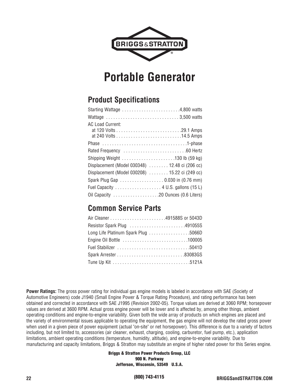Portable generator, Product specifications, Common service parts | Briggs & Stratton 3500 Watt User Manual | Page 24 / 48