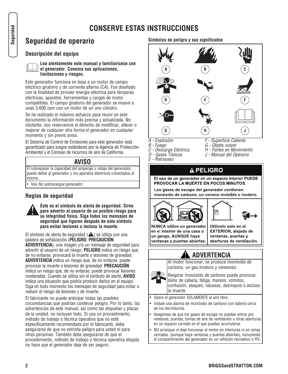 Seguridad de operario, Conserve estas instrucciones, Aviso | Advertencia | Briggs & Stratton 3500 Watt User Manual | Page 28 / 48