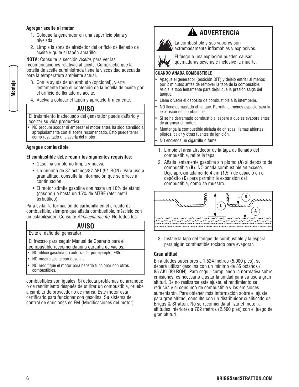 Aviso, Advertencia | Briggs & Stratton 3500 Watt User Manual | Page 32 / 48