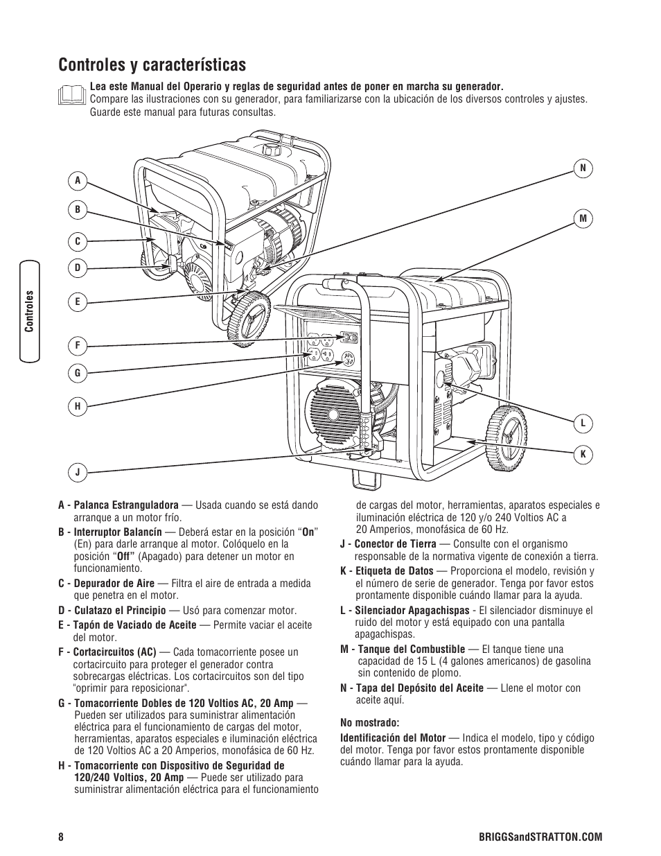 Controles y características | Briggs & Stratton 3500 Watt User Manual | Page 34 / 48