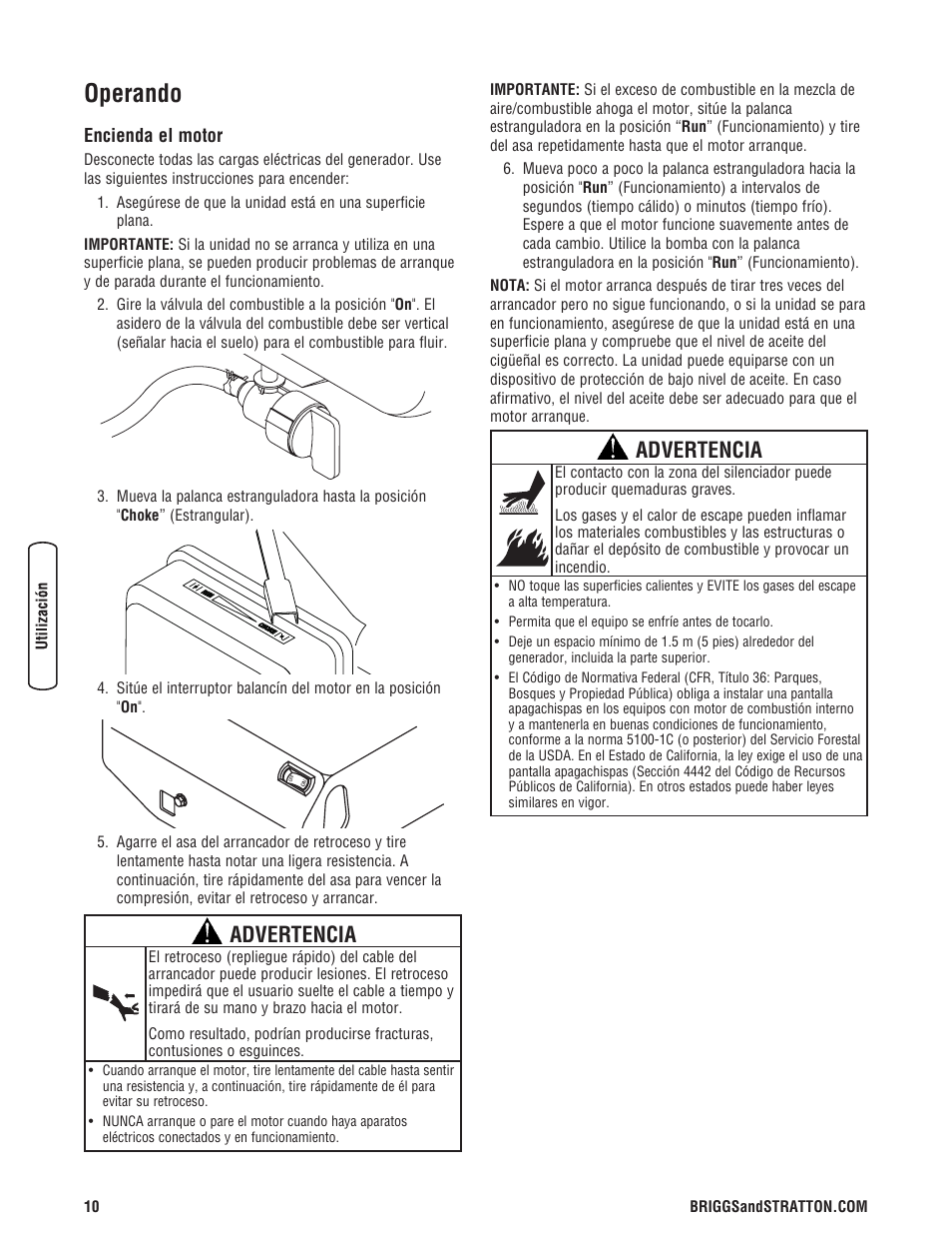 Operando, Advertencia | Briggs & Stratton 3500 Watt User Manual | Page 36 / 48