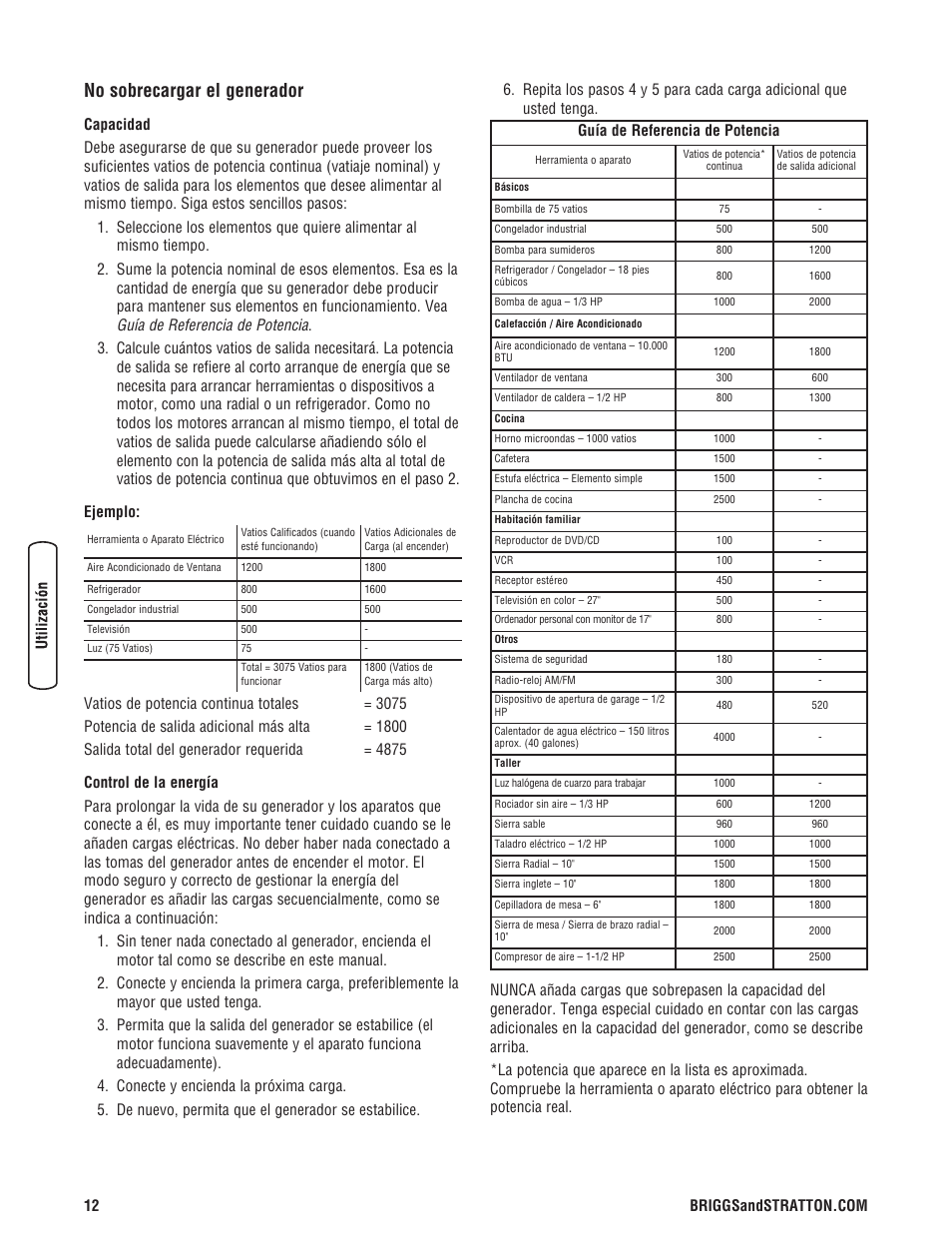 No sobrecargar el generador, Guía de referencia de potencia | Briggs & Stratton 3500 Watt User Manual | Page 38 / 48