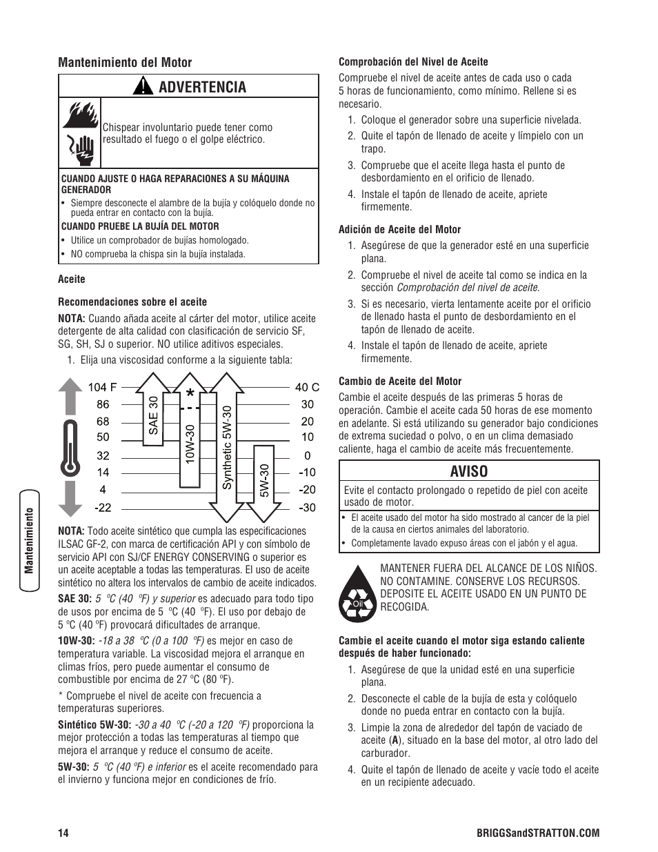 Advertencia, Aviso | Briggs & Stratton 3500 Watt User Manual | Page 40 / 48