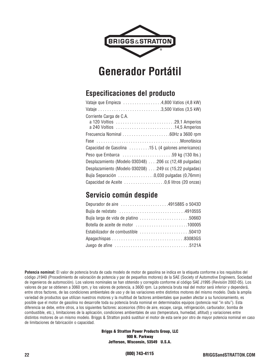 Generador portátil, Especificaciones del producto, Servicio común despide | Briggs & Stratton 3500 Watt User Manual | Page 48 / 48