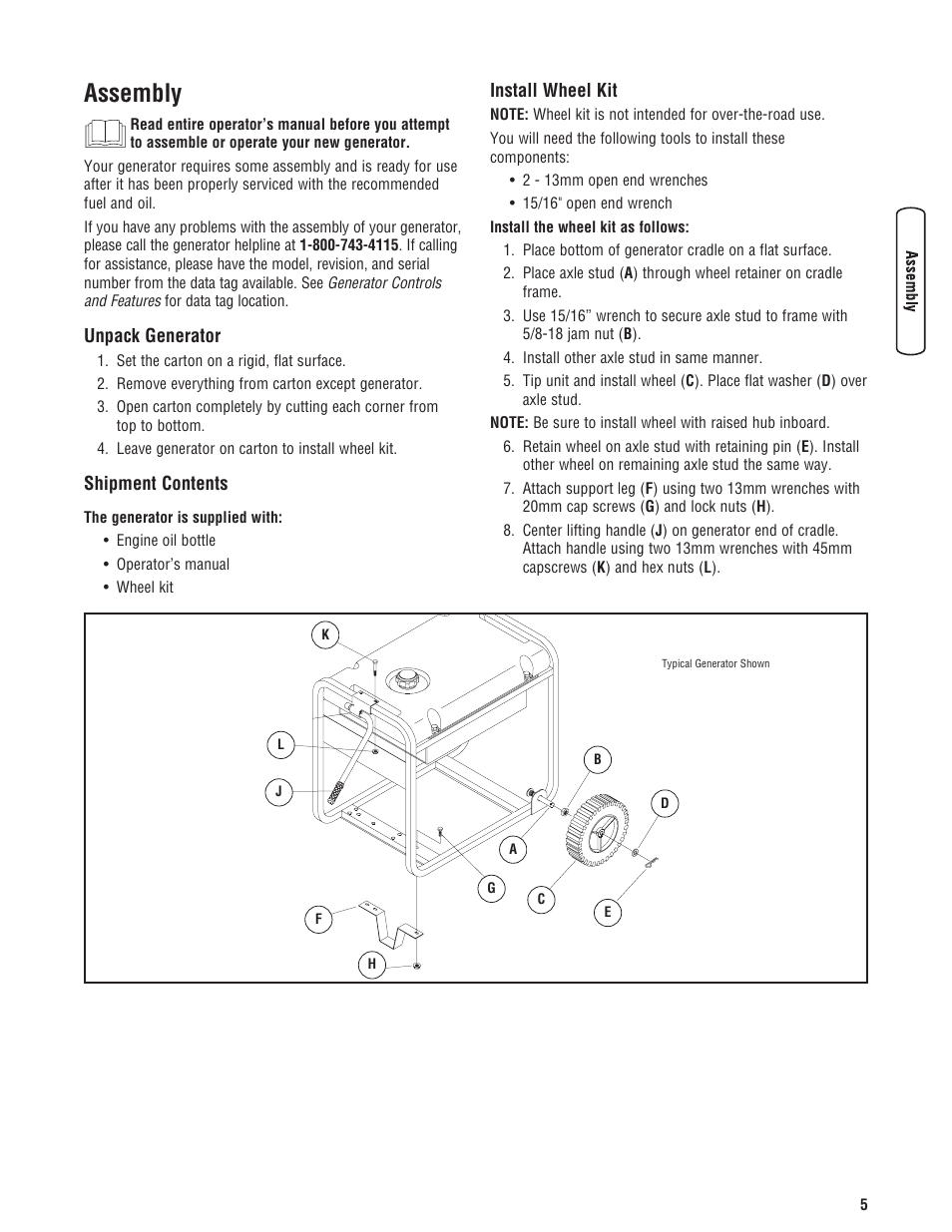 Assembly, Unpack generator, Shipment contents | Install wheel kit | Briggs & Stratton 3500 Watt User Manual | Page 7 / 48