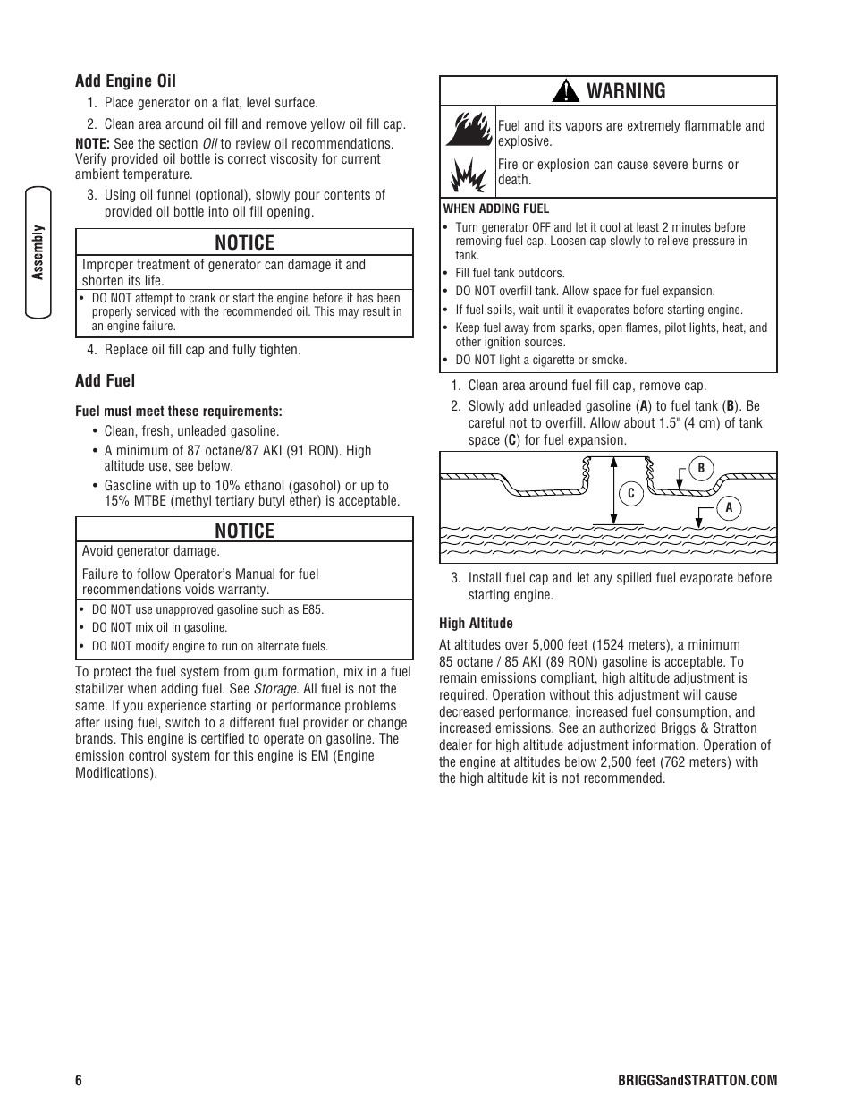 Add engine oil, Add fuel, Add engine oil add fuel | Notice, Warning | Briggs & Stratton 3500 Watt User Manual | Page 8 / 48