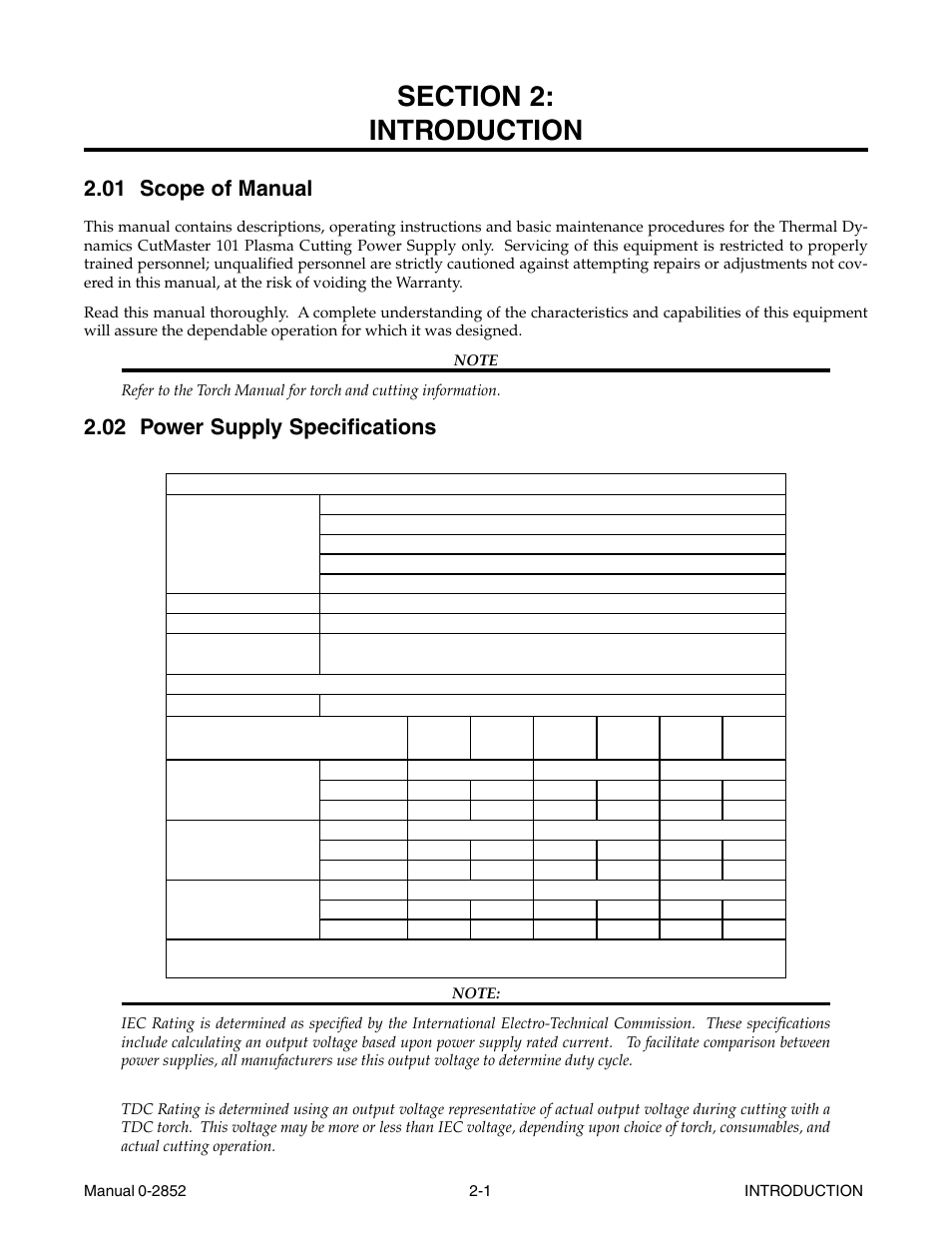 Section 2: introduction, 01 scope of manual, 02 power supply specifications | Tweco CutMaster 101 User Manual | Page 13 / 62
