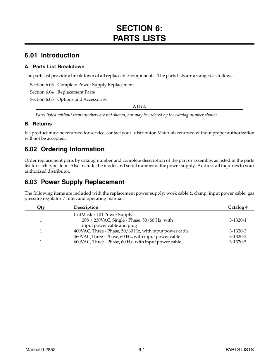 Section 6: parts lists, 01 introduction, 02 ordering information | 03 power supply replacement | Tweco CutMaster 101 User Manual | Page 45 / 62