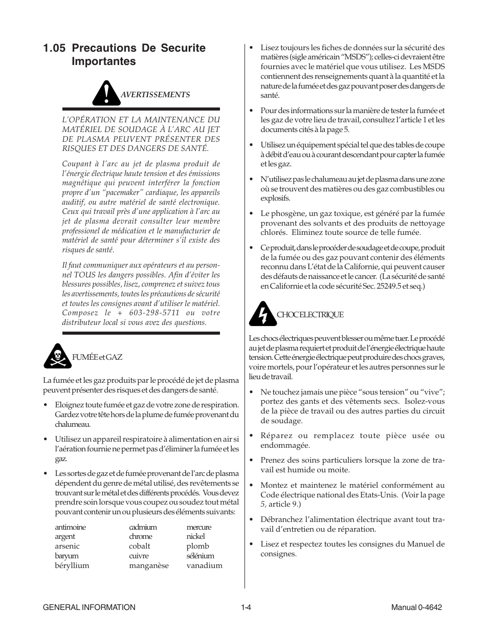 05 precautions de securite importantes, 05 precautions de securite importantes -4 | Tweco CutMaster 101 with SL100SV User Manual | Page 12 / 172
