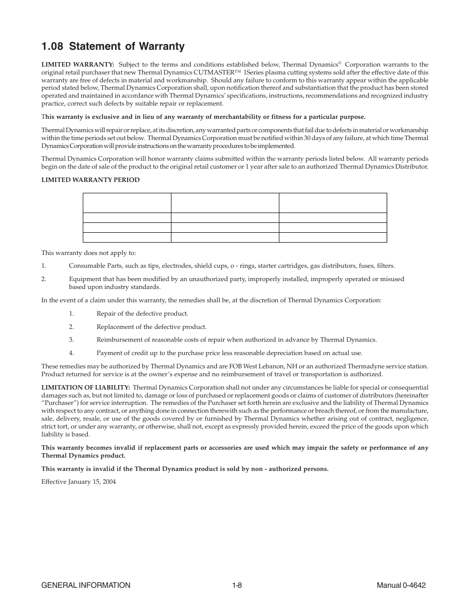 08 statement of warranty, 08 statement of warranty -8 | Tweco CutMaster 101 with SL100SV User Manual | Page 16 / 172
