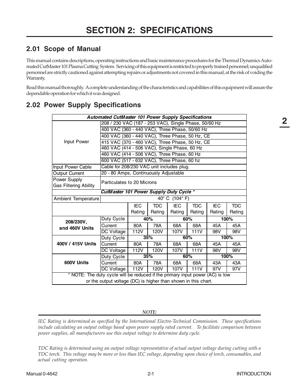 Section 2: specifications, 01 scope of manual, 02 power supply specifications | Section 2: specifications -1 | Tweco CutMaster 101 with SL100SV User Manual | Page 17 / 172