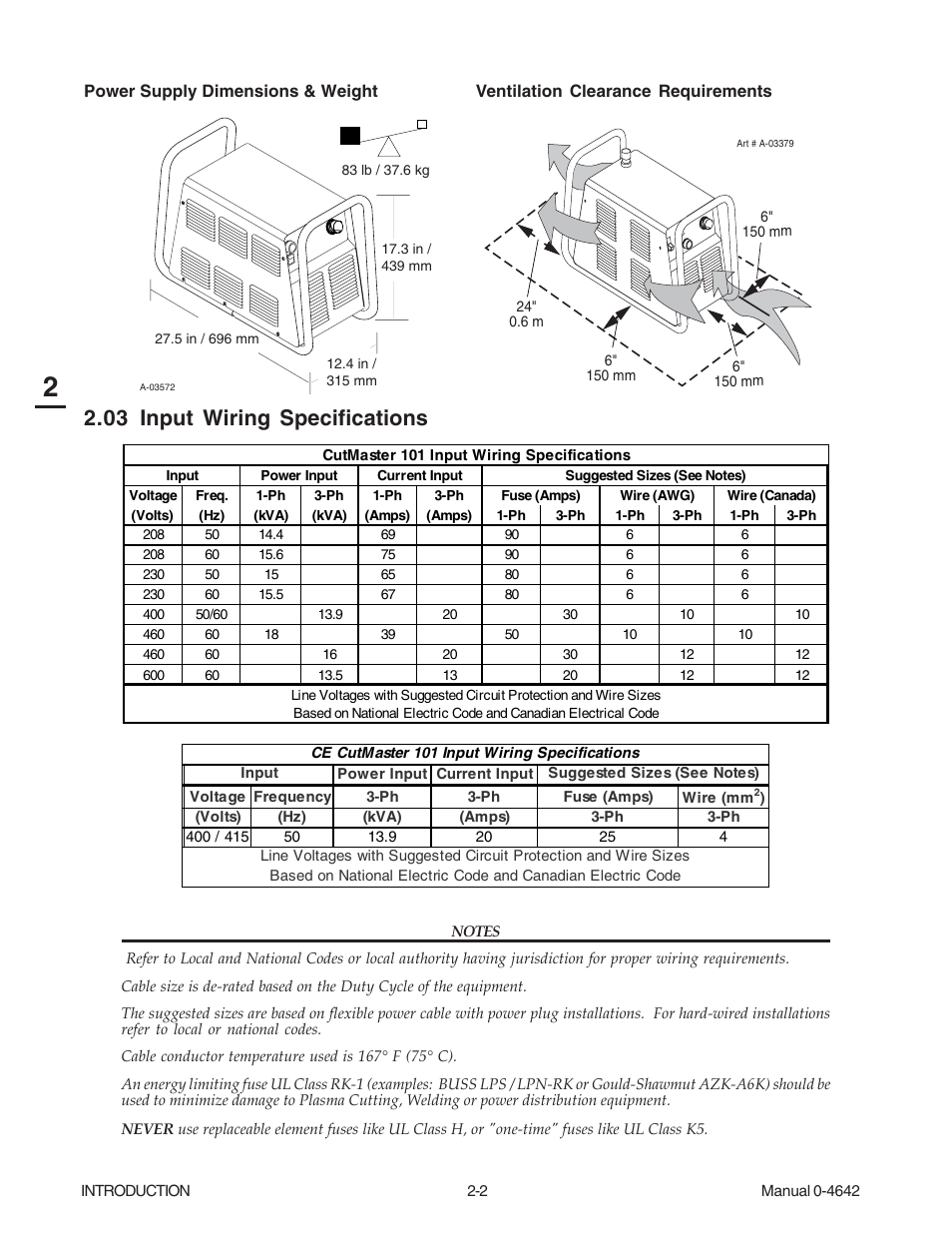 03 input wiring specifications, 03 input wiring specifications -2 | Tweco CutMaster 101 with SL100SV User Manual | Page 18 / 172